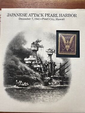 Japanese Attack Pearl Harbor Commemorative Print with Vintage US Stamp - Cream